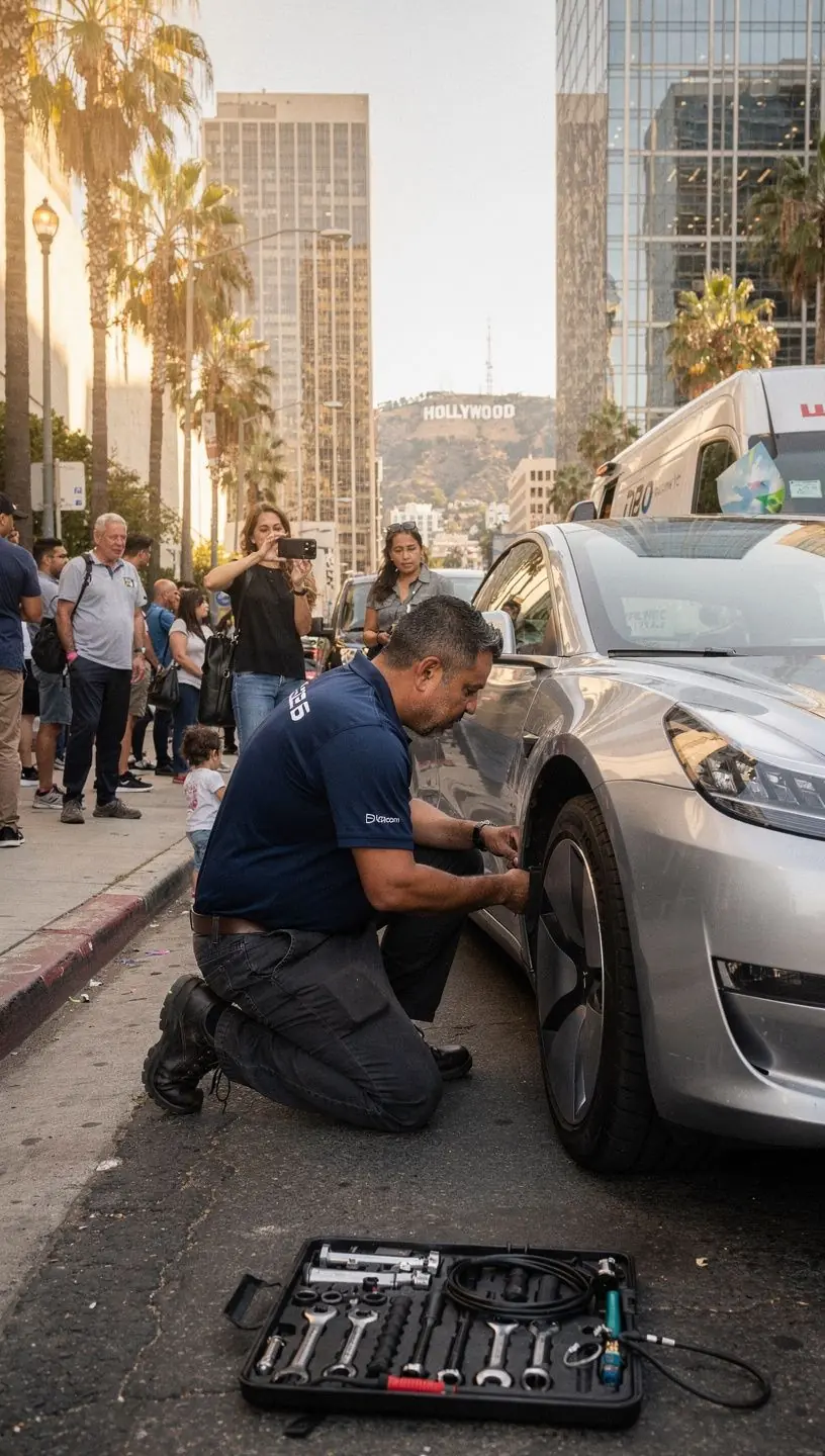 Emergency roadside repair service van parked beside a broken-down car on a busy Los Angeles street at sunset.